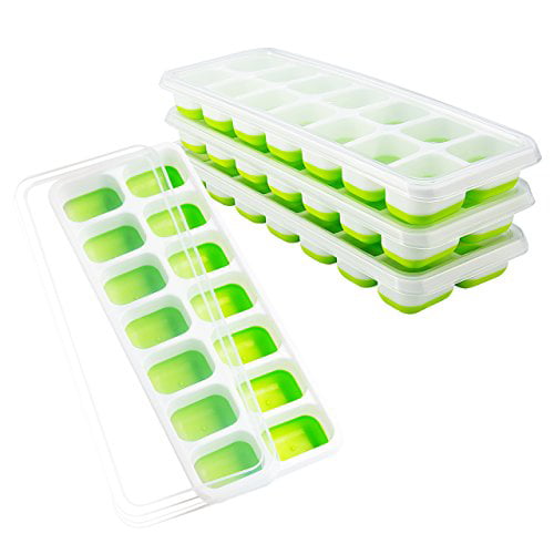 OMorc Ice Cube Trays 4 Pack Easy-Release Silicone and Flexible 14-Ice Trays with Spill-Resistant Removable Lid LFGB Certified & BPA Free Stackable 